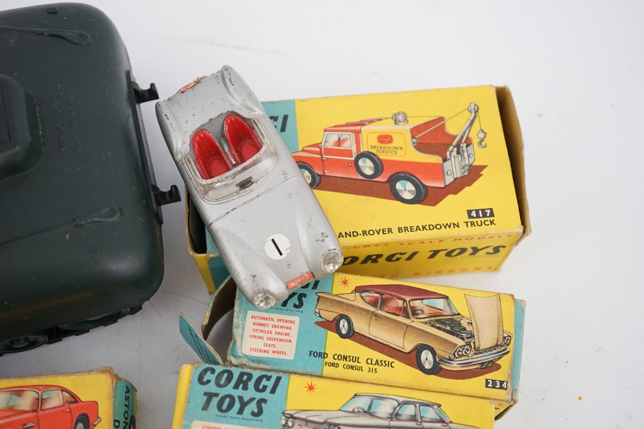 Seven boxed Corgi Toys and a Tri-ang M116 Sherman Tank, Corgi including